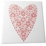 Heart Scandinavian Red White Tile<br><div class="desc">Scandinavian folk style modern floral heart design in red and white.  Original art by Nic Squirrell.</div>