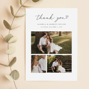 Heart Script 3 Photo Collage Wedding Thank You Card