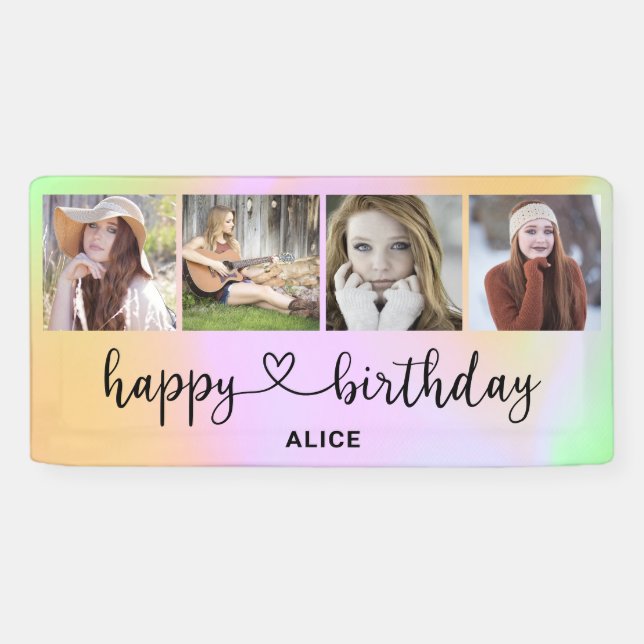 Heart Script 4 Photo Holographic Birthday Banner (Horizontal)
