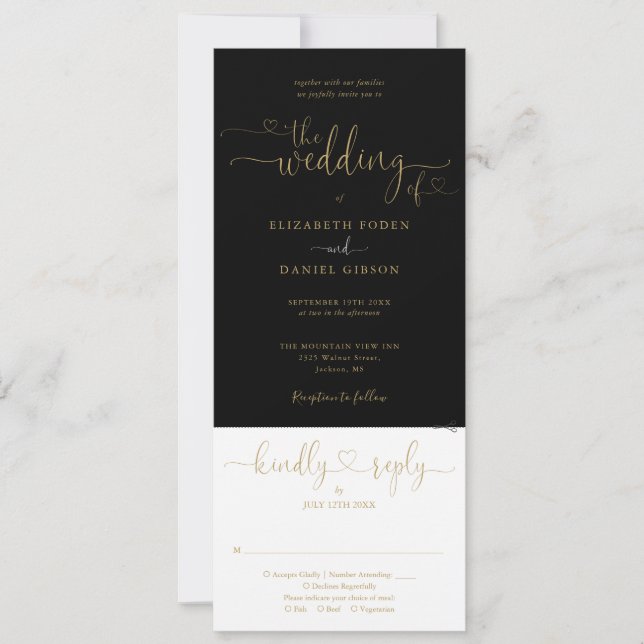 Heart Script Black And Gold All In One Wedding Invitation (Front)