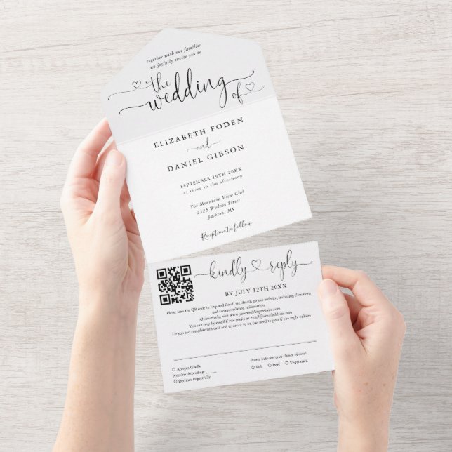 Heart Script Black And White QR Code Wedding All In One Invitation (Tearaway)