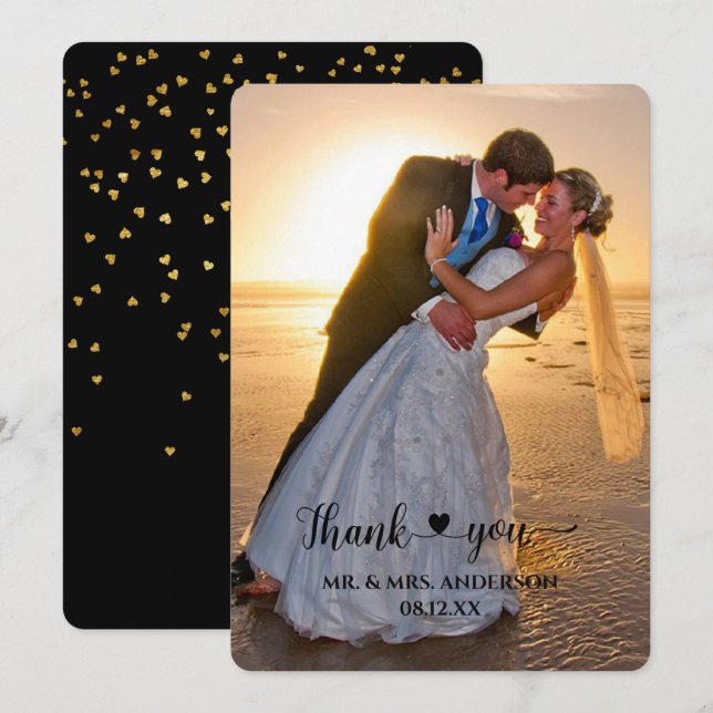 Heart Script Confetti Back Photo Wedding Thank You Card (Front/Back)