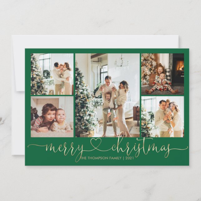 Heart Script Gold Green Merry Christmas 5 Photo Holiday Card (Front)