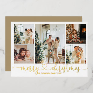 Heart Script Gold Merry Christmas 5 Photo Foil Holiday Card