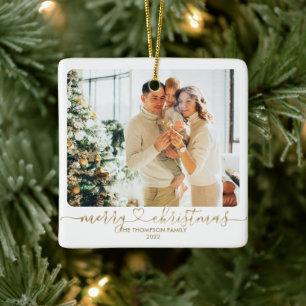 Heart Script Gold Merry Christmas Photo Holiday Ceramic Ornament