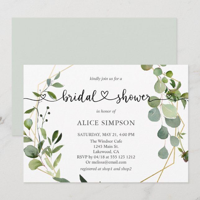Heart Script Greenery Eucalyptus Bridal Shower Invitation (Front/Back)