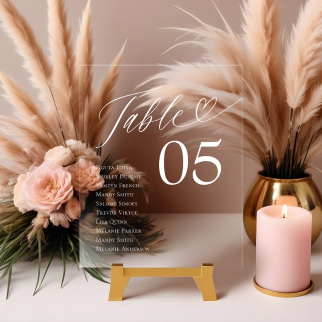 Heart Script Guest Names Seating Table Number Acrylic Sign (Heart Script Guest Names Seating Table Number Acrylic Sign)