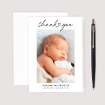 Heart Script Newborn Boy Photo Folded Thank You Card<br><div class="desc">This modern and minimal folded thank you card features a vertical photo of your newborn baby boy with "thank you" overlay text in a sweet heart script font. The baby's name and birth statistics are included so it doubles as a birth announcement. Personalize with your photo, baby's name, and birth...</div>