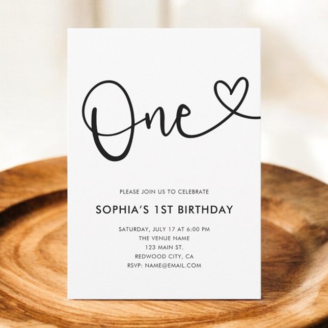 Heart Script Photo 1st Birthday Invitation (Creator Uploaded)