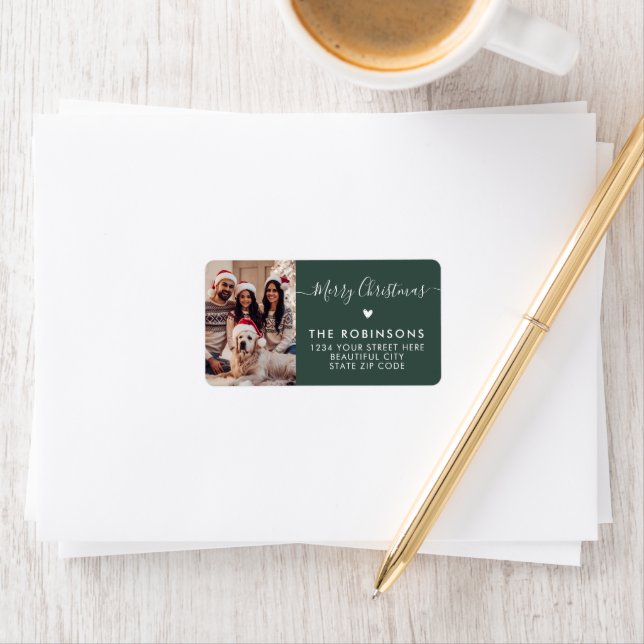 Heart Script Photo Green Christmas Return Address Label (Insitu)