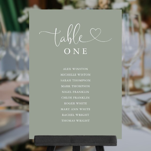 Heart Script Sage Green Table Number Seating Chart (Heart Script Sage Green Table Number Seating Chart)