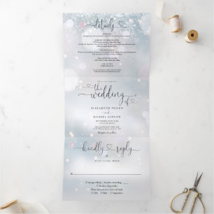 Heart Script Snowflakes Winter Wedding Tri-Fold Invitation