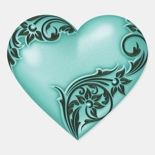 Heart Scroll Aqua w Black Sticker (Front)