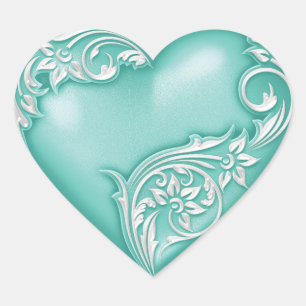Heart Scroll Aqua w White Sticker