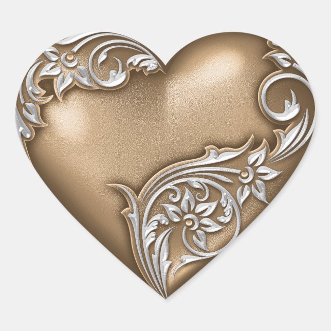 Heart Scroll  Brown w White Heart Sticker (Front)