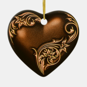 Heart Scroll Chocolate Brown w Gold Ceramic Ornament