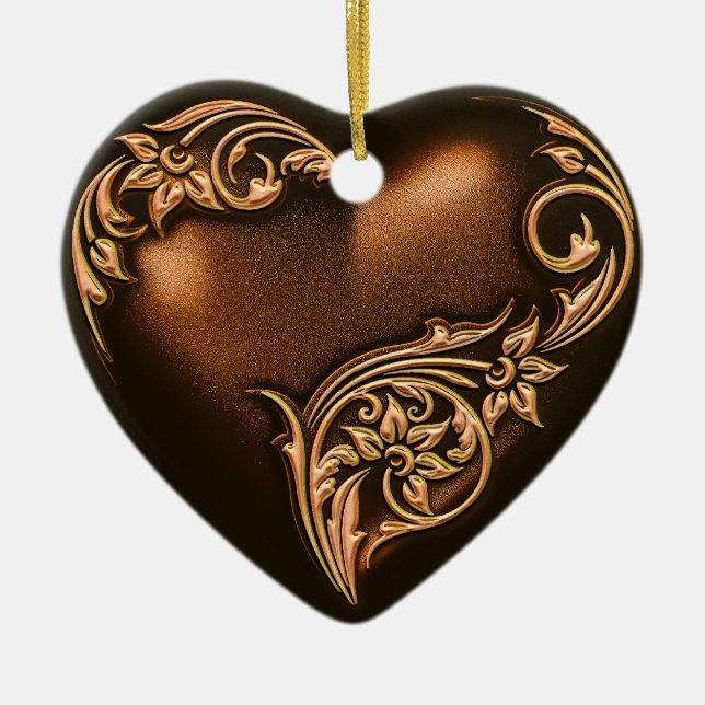 Heart Scroll Chocolate Brown w Gold Ceramic Ornament (Front)