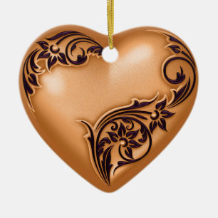 Heart Scroll Copper Orange w Black Ceramic Ornament