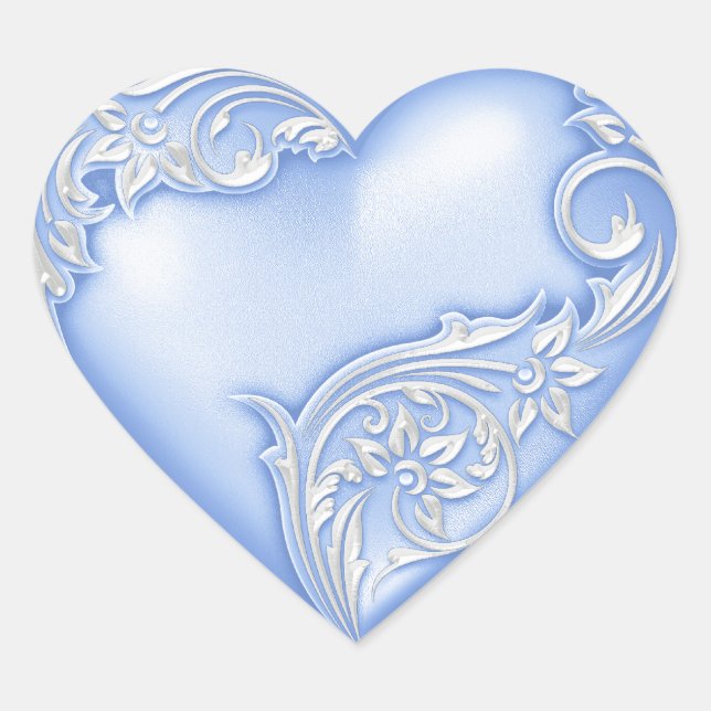 Heart Scroll Cornflower Blue w White Heart Sticker (Front)
