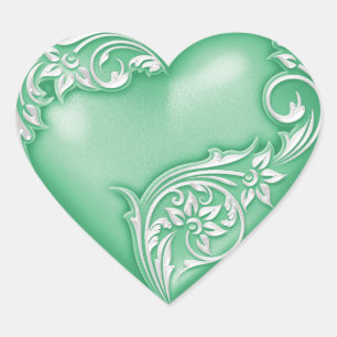 Heart Scroll Jade Green w White Heart Sticker