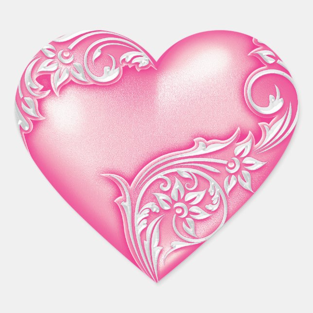 Heart Scroll Light Hot Pink w White Heart Sticker (Front)