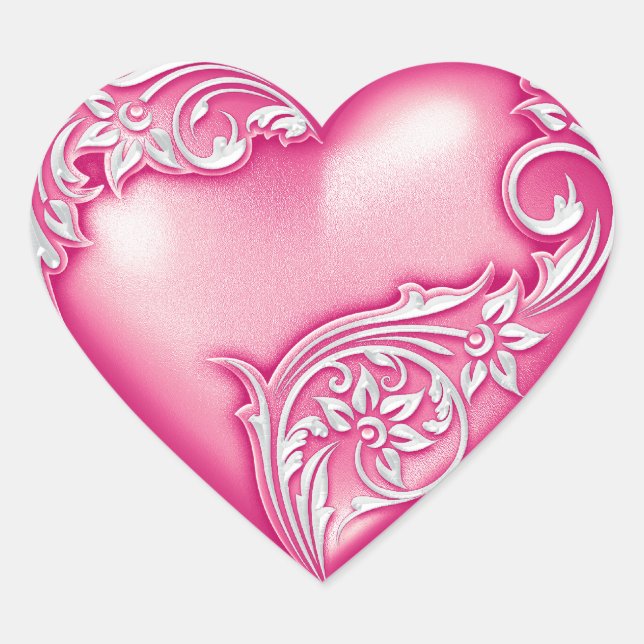 Heart Scroll Light Magenta w White Heart Sticker (Front)