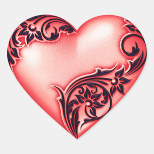Heart Scroll Light Red w Black Heart Sticker