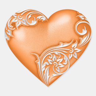 Heart Scroll Orange w White Heart Sticker