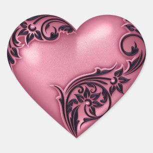 Heart Scroll Pink w Black Heart Sticker