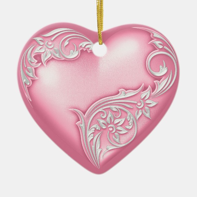 Heart Scroll Pink w White Ceramic Ornament (Front)