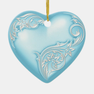 Heart Scroll Sky Blue w White Ceramic Ornament