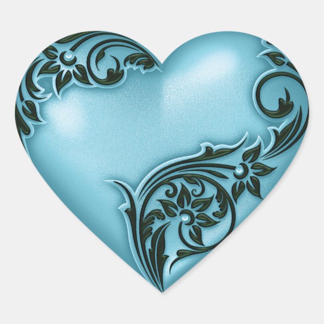 Heart Scroll Turquoise w Black Heart Sticker (Front)