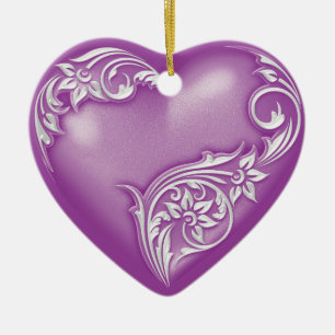 Heart Scroll Violet w White Ceramic Ornament