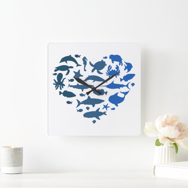 Heart sea animals square wall clock (Home)