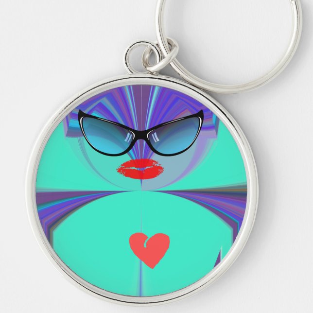 Heart Selfie Whimsical Portrait Teal Background Ke Keychain (Front)