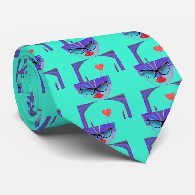 Heart Selfie Whimsical Portrait Teal Background Ti Tie (Rolled)