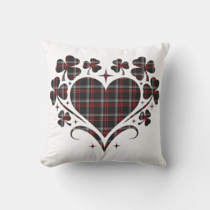 Heart Shamrock Plaid Black Classic Clover Throw Pillow