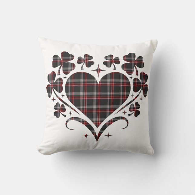 Heart Shamrock Plaid Black Classic Clover Throw Pillow (Front)