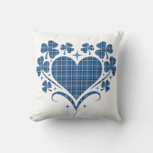 Heart Shamrock Plaid Blue Classic Clover Throw Pillow