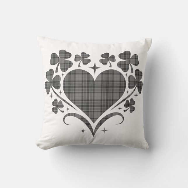 Heart Shamrock Plaid Gray Tartan Clover Throw Pillow (Front)