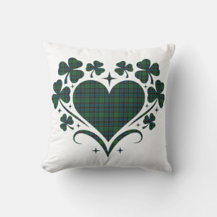 Heart Shamrock Plaid Green Blue Tartan Clover Throw Pillow