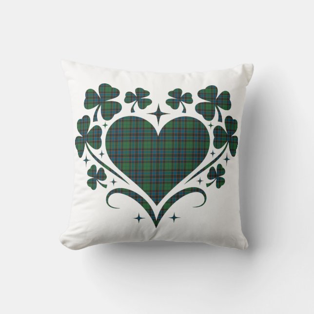Heart Shamrock Plaid Green Blue Tartan Clover Throw Pillow (Front)