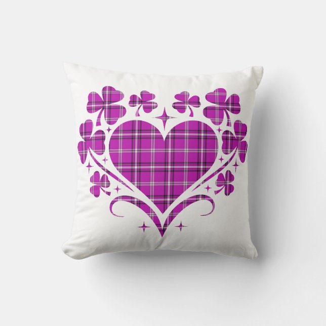 Heart Shamrock Plaid Pink Classic Clover Throw Pillow (Front)