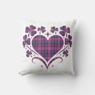 Heart Shamrock Plaid Purple Teal Tartan Clover Throw Pillow