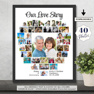 Heart Shape 40 Photo Collage Our Love Story Custom Print