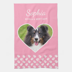 Heart Shape Custom Pet Photo On Pink & Text Kitchen Towel