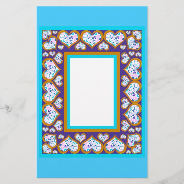 Heart shape diamonds gold aqua border stationery (Front)