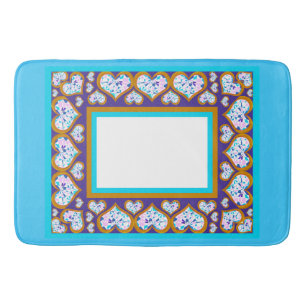 Heart shape diamonds in gold aqua border bath mat