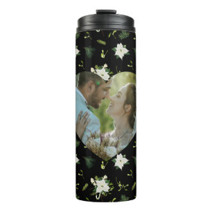 Heart Shape Image Stylish Green White Floral Patte Thermal Tumbler