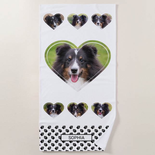 Heart Shape Pet Photo Templates With Paws & Name Beach Towel (Front)